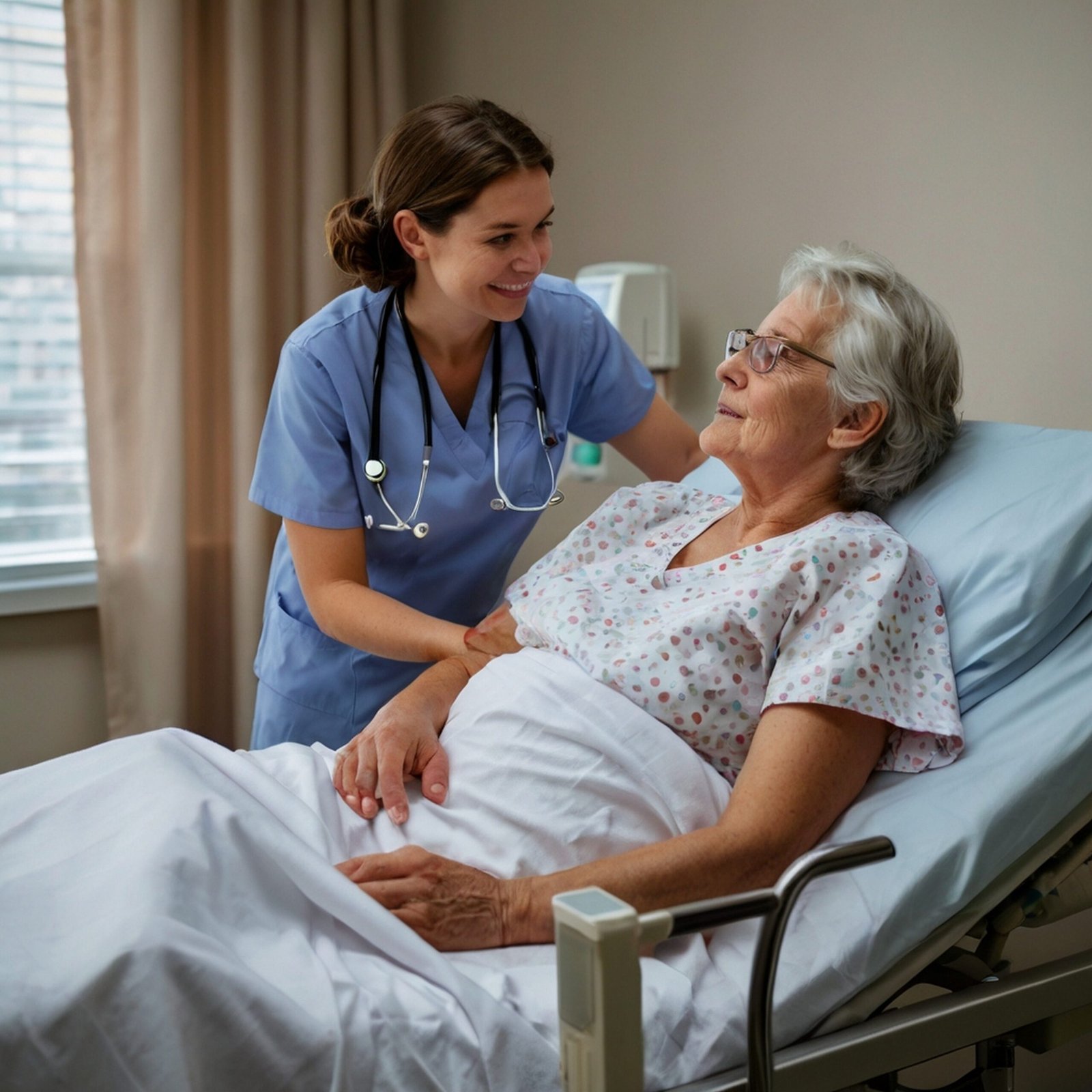 nurse-stands-elderly-woman-hospital-bed